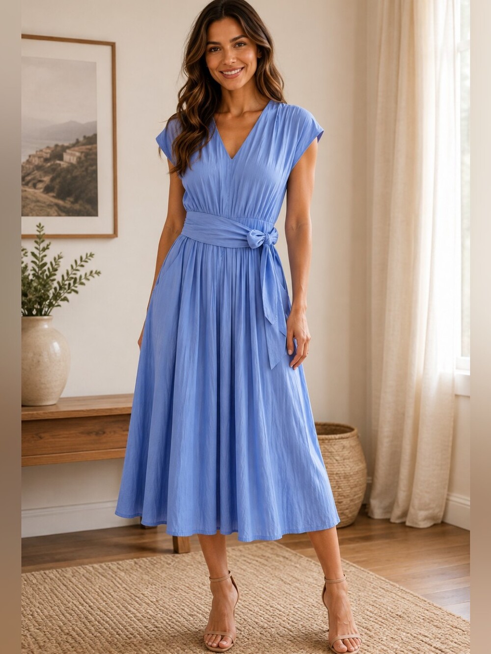 Joie $130 Blue V-Neck Midi Dress with Waist Tie Size 2